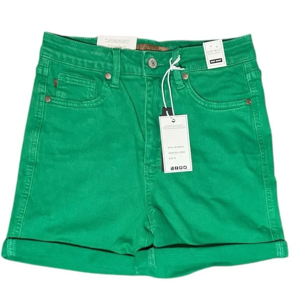 Judy Blue Shorts Green High Rise Tummy Control Cuffed Garment Dyed Stretch Denim